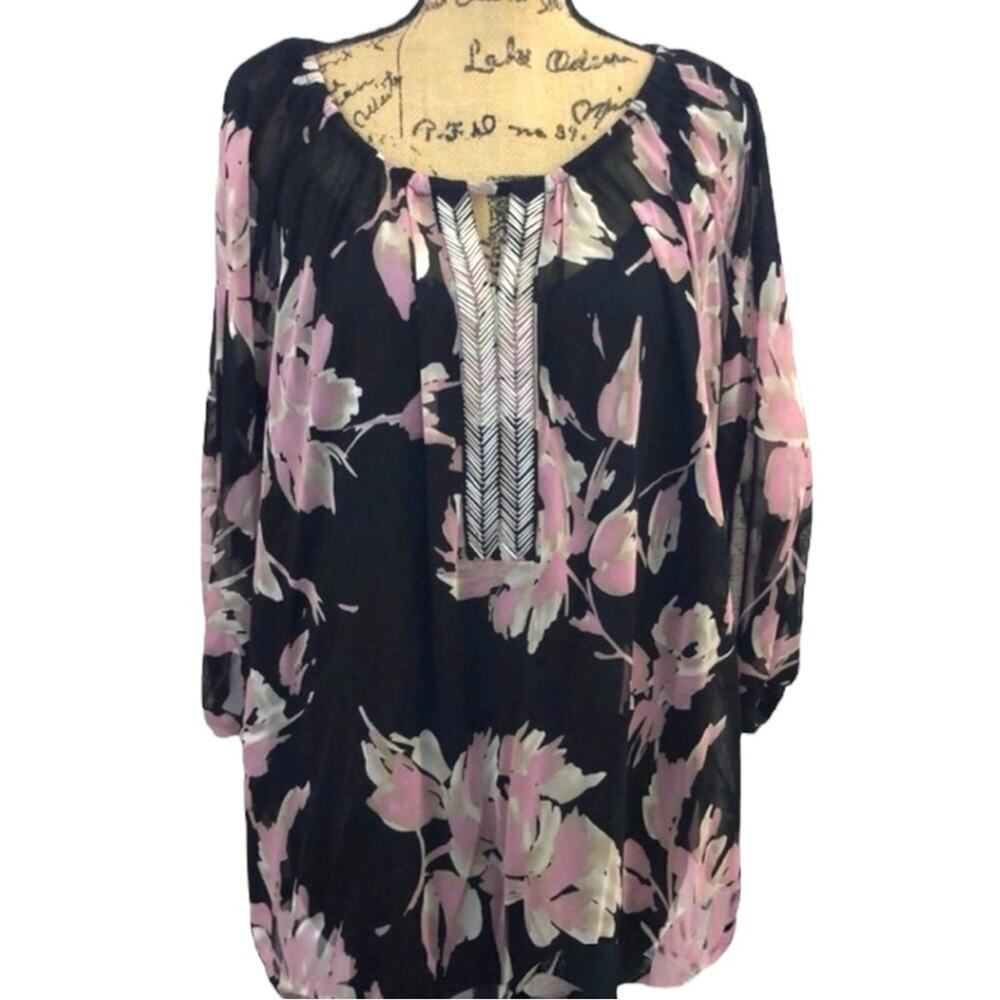 INC International Concepts Sheer Black Pink Floral Chiffon Tunic Blouse 2X